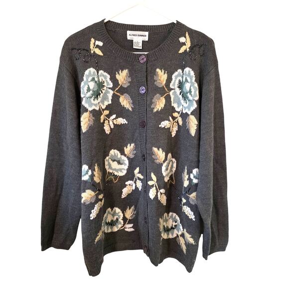 Vintage Alfred Dunner Floral Embroidered Wool Blend Cardigan Sweater Large Gray - Picture 1 of 3